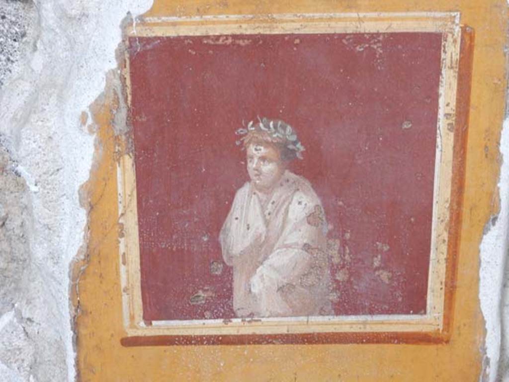 VI.15.1 Pompeii. May 2017.
Detail from painted panel on north end of lower west wall of atrium, leading onto peristyle. Photo courtesy of Buzz Ferebee.