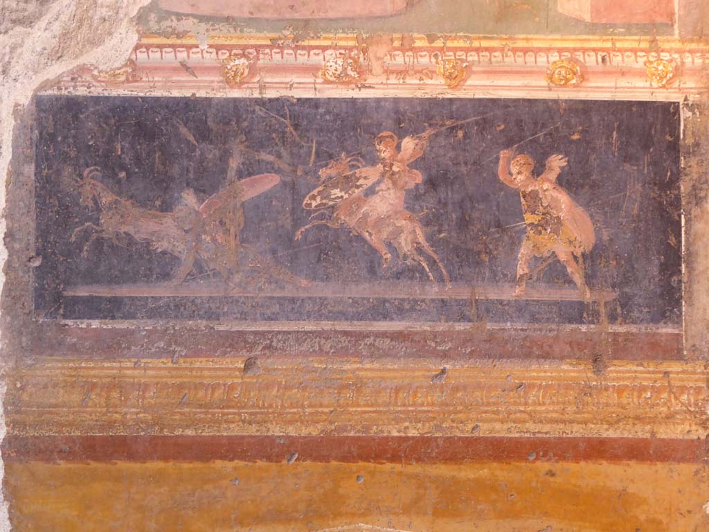 VI.15.1 Pompeii. January 2017.
Detail of painted panel from east wall of atrium between doorways to bedroom on left of main entrance and oecus on south side.
Foto Annette Haug, ERC Grant 681269 DÉCOR.