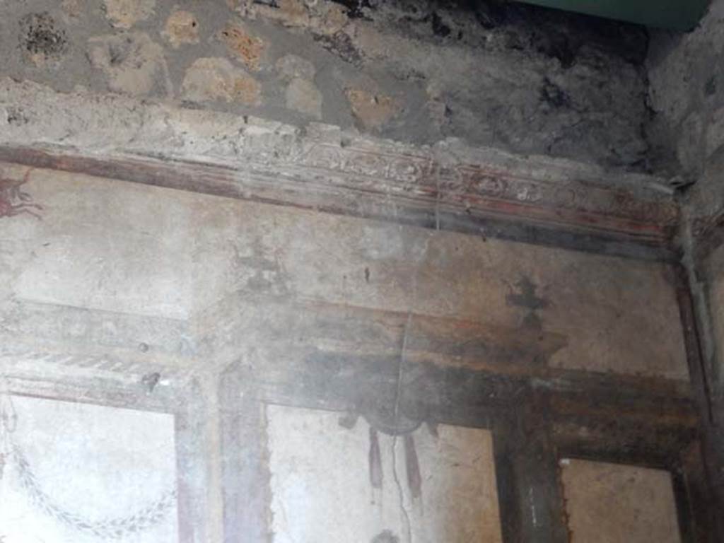 VI.15.1 Pompeii. May 2017. Detail from upper north wall of oecus in north-east corner. Photo courtesy of Buzz Ferebee.