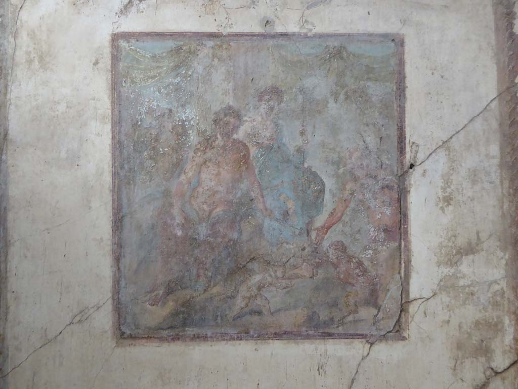 VI.15.1 Pompeii. January 2017. South wall of oecus with wall painting showing the fight between Eros and Pan.
Foto Annette Haug, ERC Grant 681269 DÉCOR.
