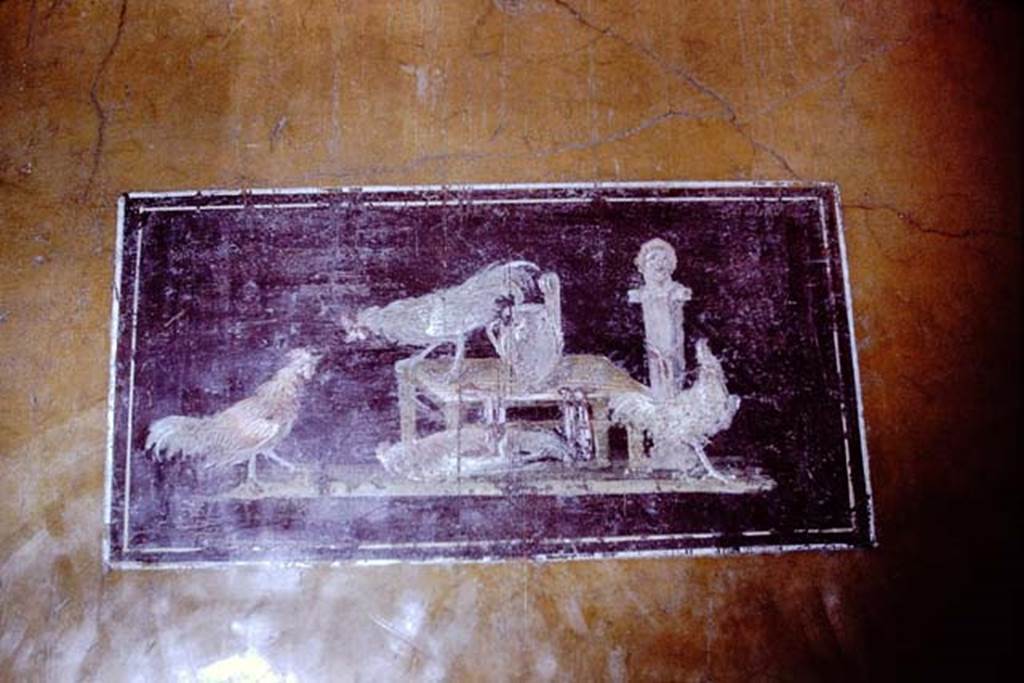 VI.15.1 Pompeii. 1966. Detail of painting with cocks in ala on south side of atrium. Photo by Stanley A. Jashemski.
Source: The Wilhelmina and Stanley A. Jashemski archive in the University of Maryland Library, Special Collections (See collection page) and made available under the Creative Commons Attribution-Non Commercial License v.4. See Licence and use details.
J66f0338