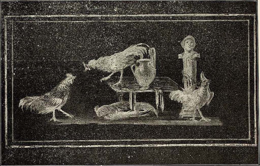 VI.15.1 Pompeii. 1898. Painting with 4 cockerels, one dead, on south wall in ala on south side of atrium.
In the centre is a table from which hang two ribbons, and on which stand a jug and a cockerel clashing with another cockerel below left.
A herm with the attitude of victory is on the right and in front of it is a cockerel with a palm branch in its beak.
See Sogliano A. La Casa dei Vettii in Monumenti Antichi VIII. Milan: Hoepli, p. 266 and fig. 12.