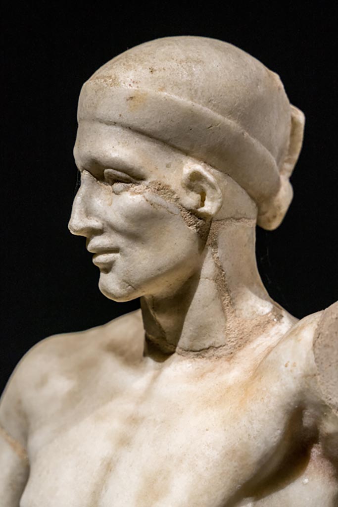 VI.15.1 Pompeii. January 2023.
Statue of Priapus, detail of head, on display in exhibition in Palaestra.
Photo courtesy of Johannes Eber.