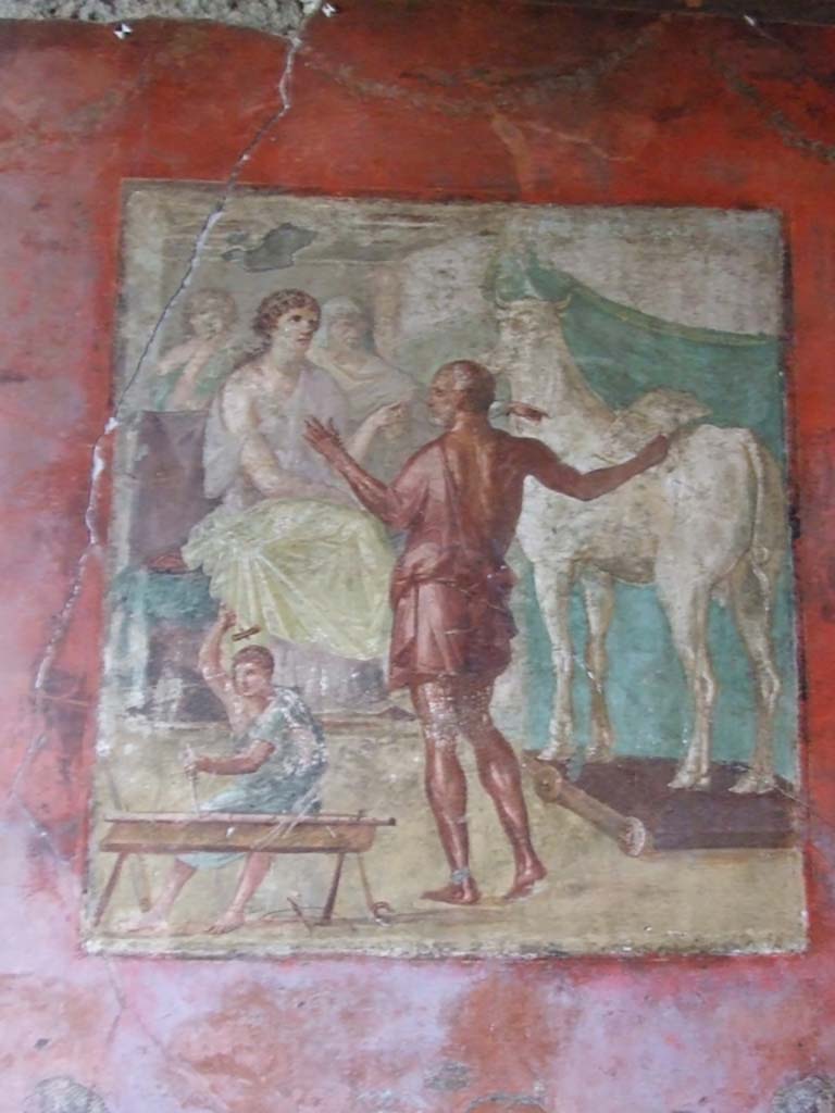 VI.15.1 Pompeii. December 2006.
North wall of exedra with painting of Daedalus showing Pasiphae the wooden cow.
