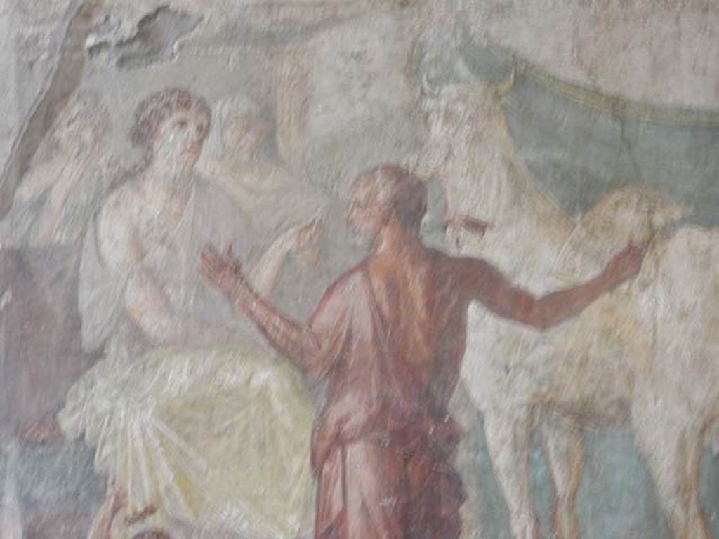 VI.15.1 Pompeii. May 2017. Detail from central painting showing Pasiphae and Daedalus. Photo courtesy of Buzz Ferebee.
