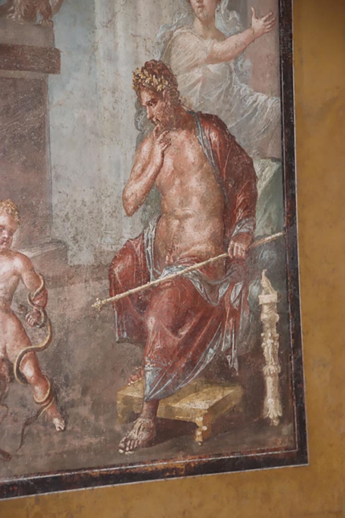 VI.15.1 Pompeii. October 2023.
North wall of exedra, detail of Amphitryon, husband of Alcmene. Photo courtesy of Klaus Heese.