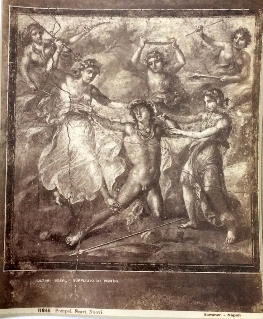 VI.15.1 Pompeii. Undated photograph by G. Sommer, numbered 11946, c.1895.
Painting of the death of Pentheus, from east wall of exedra. Photo courtesy of Rick Bauer.