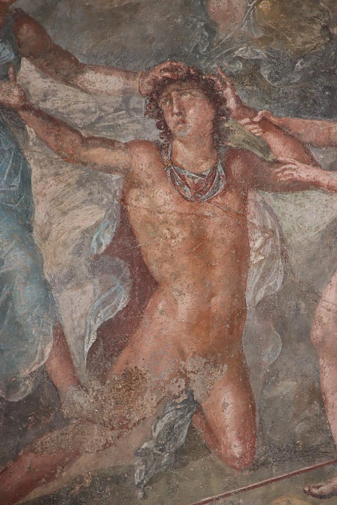 VI.15.1 Pompeii. October 2023. centre
Detail from centre of painting of the death of Pentheus, from east wall of exedra.
Photo courtesy of Klaus Heese.