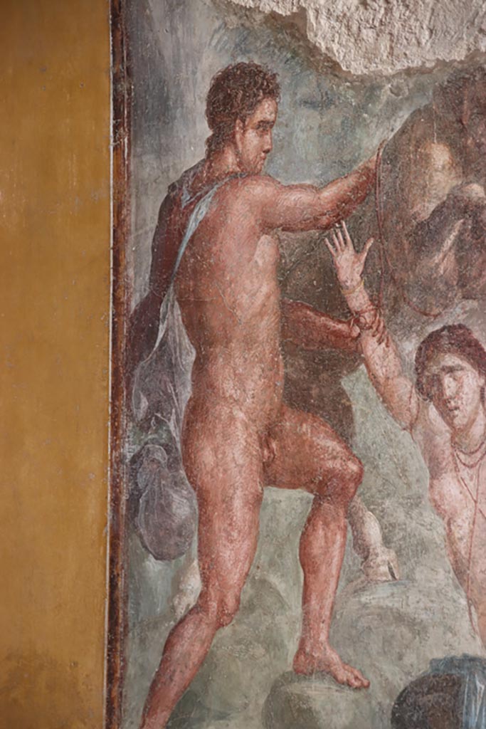 VI.15.1 Pompeii. October 2023.
Detail of left side of painting of the Punishment of Dirce from centre of south wall of exedra.
Photo courtesy of Klaus Heese.