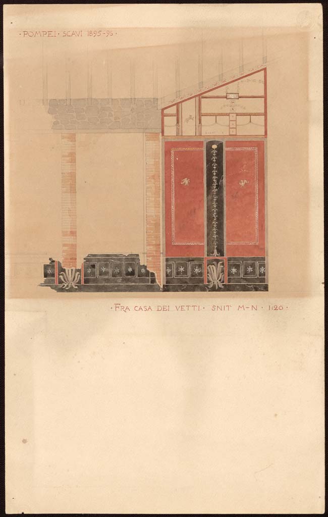 VI.15.1 Pompeii.
Painting by Harald Harppth (1866-1900) showing the west wall of the small peristyle/garden "s" at the north end.
Photo © Danmarks Kunstbibliotek inv. no ark_17516c.
