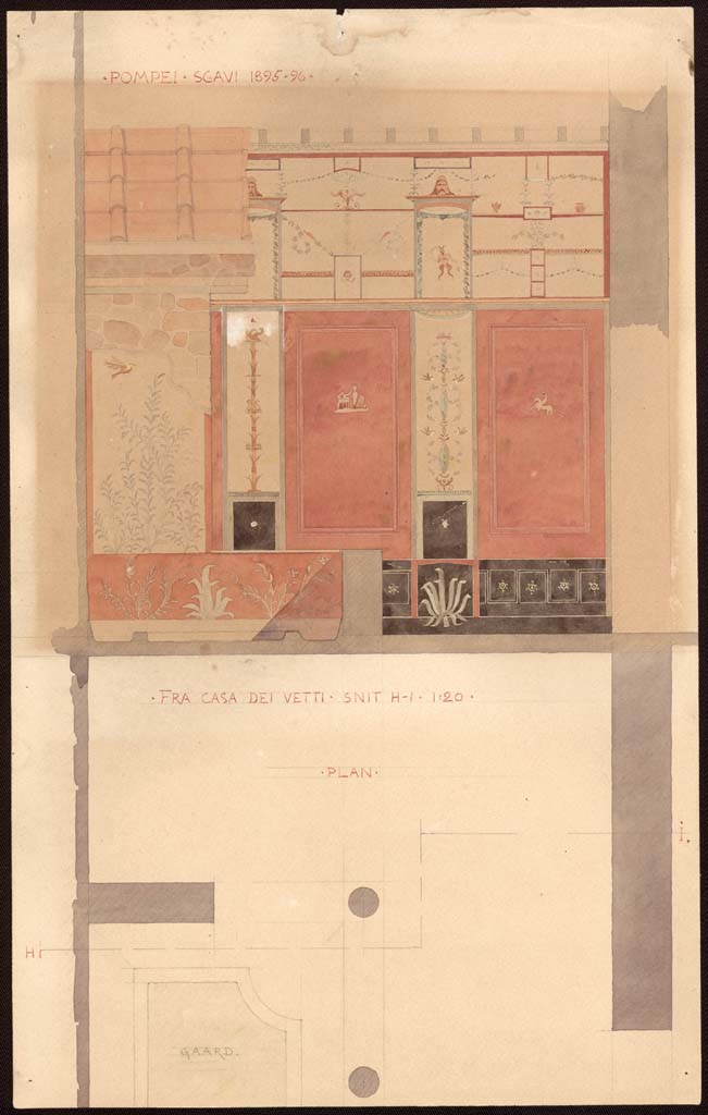 VI.15.1 Pompeii.
Painting by Harald Harppth (1866-1900), showing the north side of the small peristyle/garden "s", pilaster on the left, and north wall on the right.
Photo © Danmarks Kunstbibliotek inv. no ark_17516b.