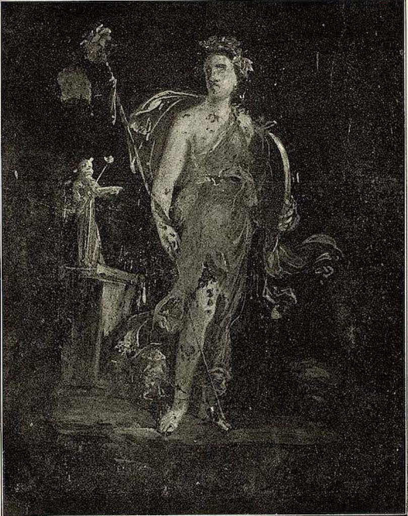 VI.15.1 Pompeii. 1898. Painting of maenad and small statue of Bacchus from west wall of peristyle.
See Sogliano A. La Casa dei Vettii in Monumenti Antichi VIII. Milan: Hoepli, p. 273 fig. 15, p. 278 item 9.