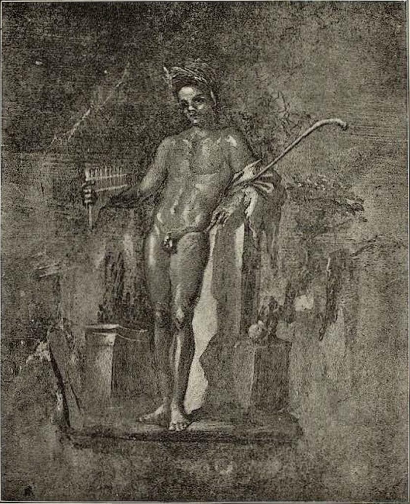VI.15.1 Pompeii. c.1898. Painting of figure from west wall of peristyle.
See Sogliano, A. La Casa dei Vettii in Pompei Mon. Ant. 1898, (p.275/276, fig. 16).