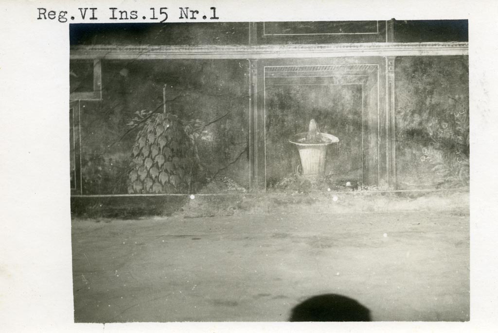 VI.15.1 Pompeii. Pre-1937-39. Zoccolo on west wall at north end of peristyle, continuation from above photo.
Photo courtesy of American Academy in Rome, Photographic Archive. Warsher collection no. 691.