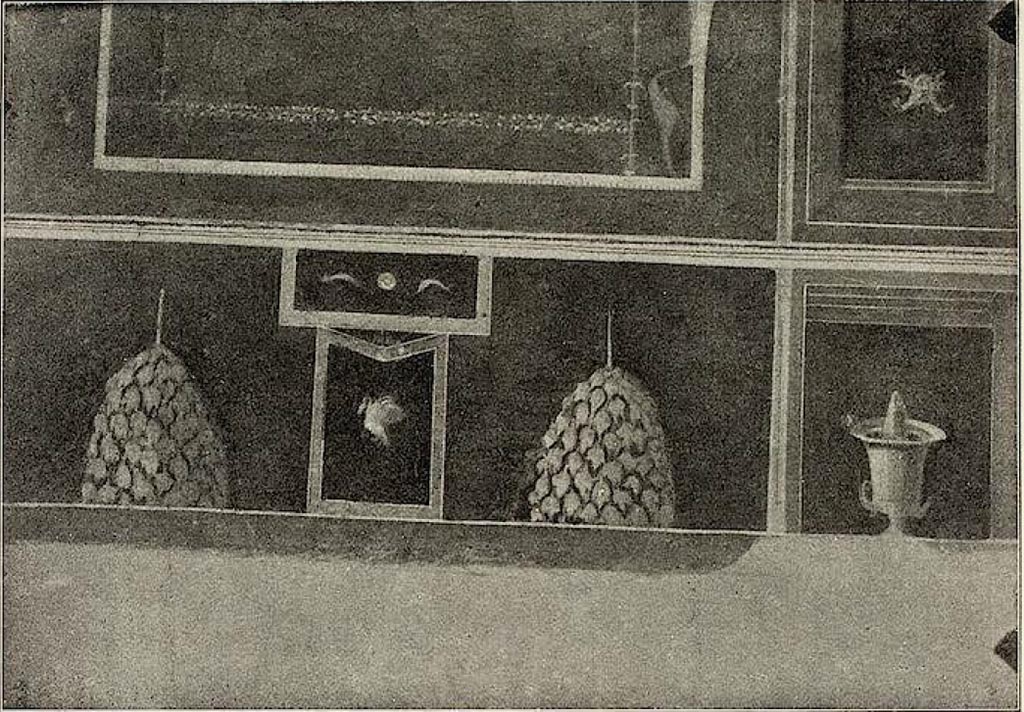 VI.15.1 Pompeii. c.1898. Lower west wall of peristyle, in north-west corner.
See Sogliano, A. La Casa dei Vettii in Pompei Mon. Ant. 1898, (p.279-80, fig. 18).