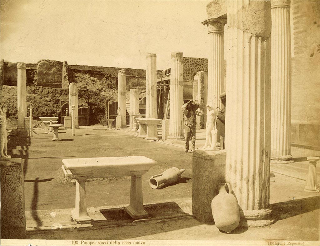 VI.15.1 Pompeii. Esposito no. 190, “Pompei scavi della casa nuova” showing excavation of house, 1890s. Looking north across peristyle.
Photo courtesy of Rick Bauer.