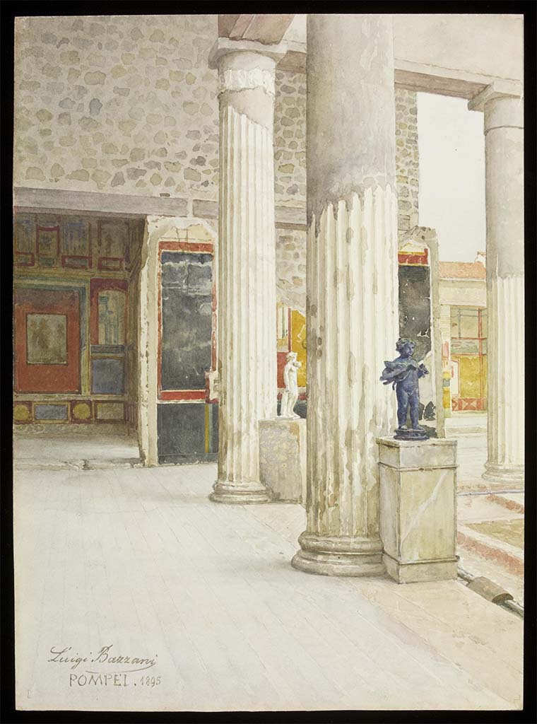 VI.15.1 Pompeii. 1895. Watercolour by Luigi Bazzani.
Looking east along north portico, towards doorway to room in north-east corner.
Photo © Victoria and Albert Museum. Inventory number 8-1898.