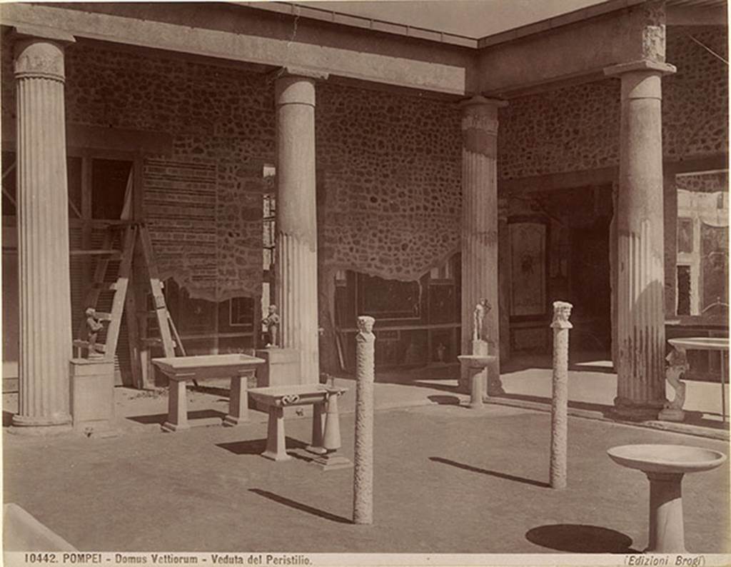 VI.15.1 Pompeii. c.1890s during the excavations. Albumen photo by G. Brogi. Peristyle, looking to the north east corner.
The two herms and other ornaments can be seen. There has not yet been any planting of the garden.
Photo courtesy of Rick Bauer.