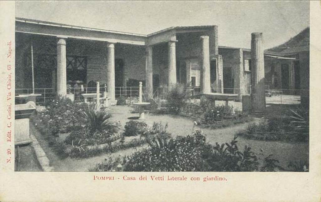 VI.15.1 Pompeii. Early 20th century photograph. Looking north-east across peristyle garden, with unroofed atrium, on the right.
Photo courtesy of Rick Bauer.