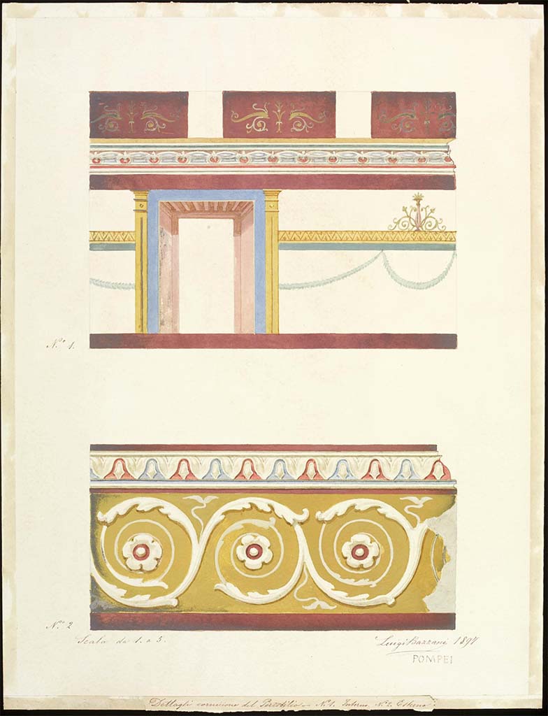 VI.15.1 Pompeii. 1897. Watercolour by Luigi Bazzani.
At the top is the decoration of the internal architrave of the peristyle, above the columns.
With a white background, it shows garlands and festoons, whilst the spaces between the beams were adorned with repetitive motifs on a red background.
The painting below shows the decorations with leafy spirals made of stucco and painted in bright colours, from the external architrave.
Photo © Victoria and Albert Museum. Inventory number 19-1898.