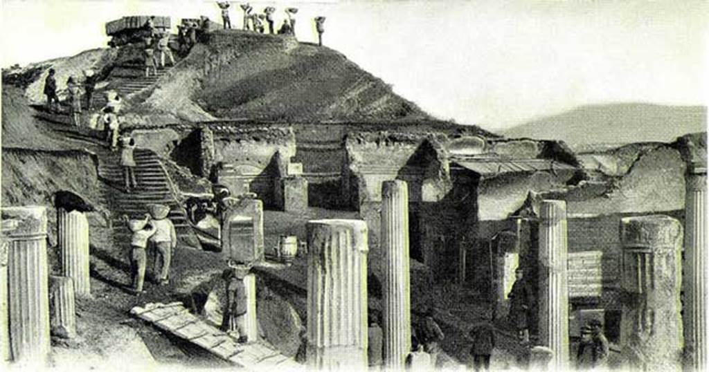 VI.15.1 Pompeii. c.1894. Looking east from north-west corner of peristyle during the excavations. The marble pedestals for statues from the middle of the east portico can be seen in the lower centre. The entrance doorway, looking east out onto the vicolo, cam be seen In the centre of the photo. Photo courtesy of Rick Bauer.
