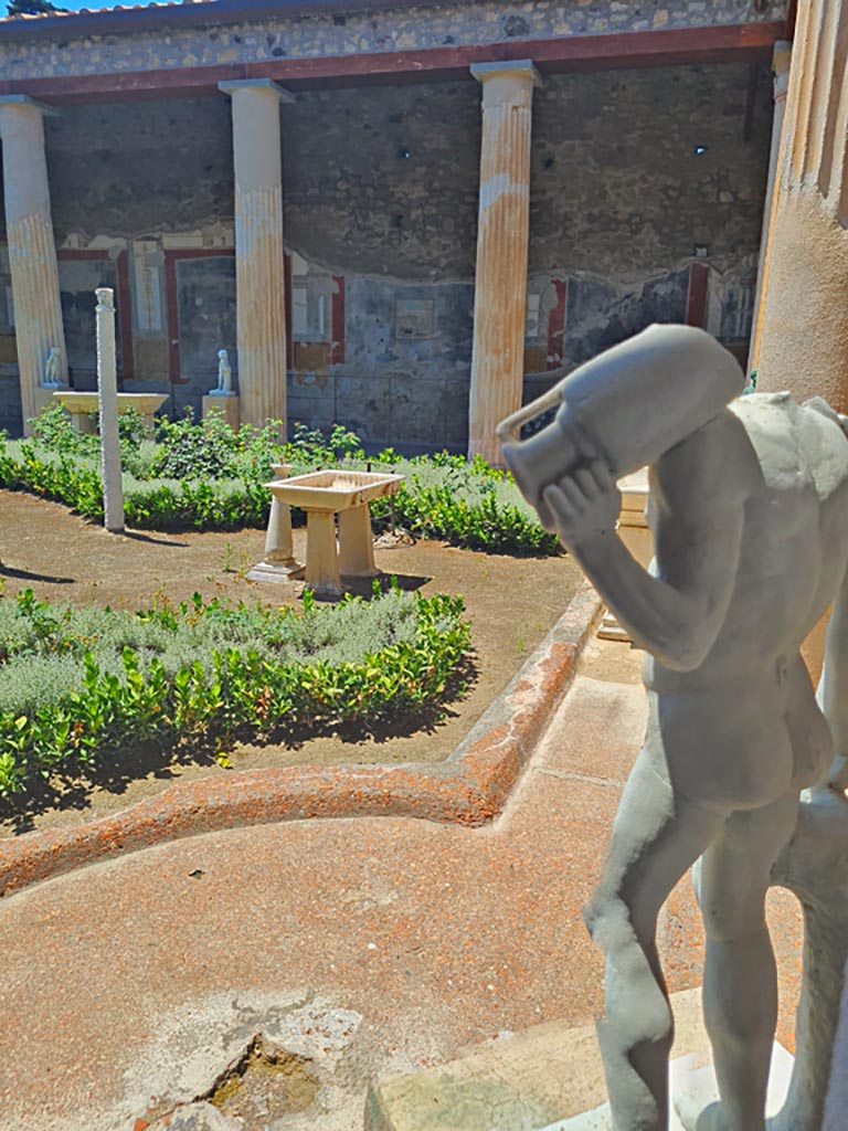 VI.15.1 Pompeii. June 2024.
Looking towards west portico from north-east corner of peristyle. Photo courtesy of Giuseppe Ciaramella.
