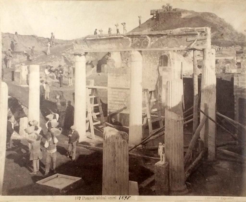 VI.15.1 Pompeii. 1895 photograph by Esposito. Looking east from south side of garden area, during excavations. On the right is the doorway to the Exedra in SE corner, on the left is the atrium still under excavation. Photo courtesy of Rick Bauer.