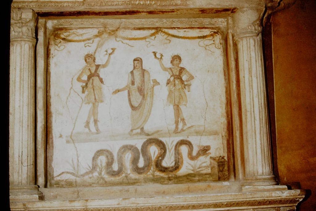 VI.15.1 Pompeii. 1957. Household lararium. Photo by Stanley A. Jashemski.
Source: The Wilhelmina and Stanley A. Jashemski archive in the University of Maryland Library, Special Collections (See collection page) and made available under the Creative Commons Attribution-Non-Commercial License v.4. See Licence and use details.
J57f0411