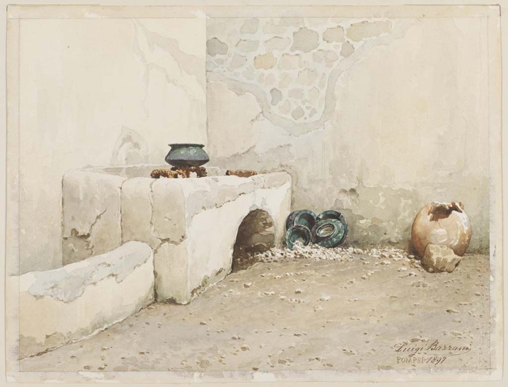 VI.15.1 Pompeii. 1897.
Watercolour by Luigi Bazzani, looking towards kitchen hearth in service area with pot on tripod on embers and storage pots on floor.
Photo © Victoria and Albert Museum. Inventory number 10-1898.