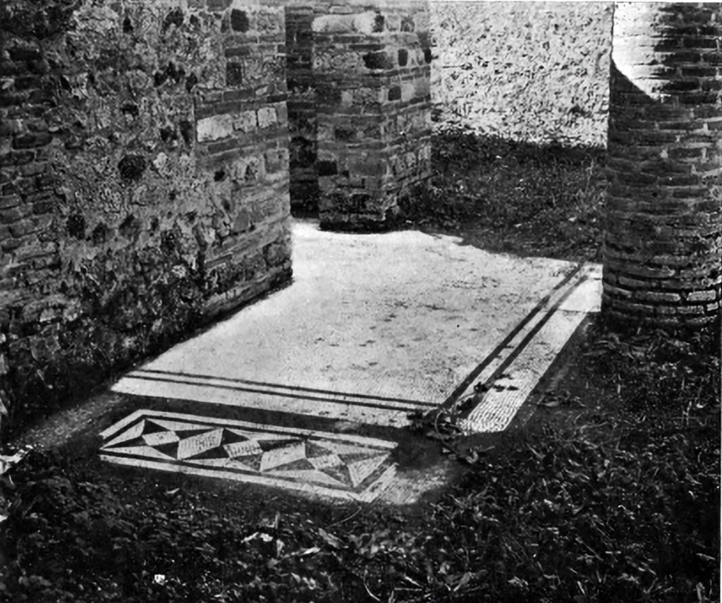 VI.15.5 Pompeii. c.1930.
Looking west across flooring and mosaic threshold in south portico, towards doorway to room 10.
See Blake, M., (1930). The pavements of the Roman Buildings of the Republic and Early Empire. Rome, MAAR, 8, (p.14 ftn 2, 103, & Pl.1, tav 4).