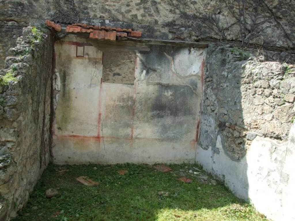 VI.15.5 Pompeii. March 2009. Room 22, west wall. According to NdS, this room was decorated with panels with a white background. On the west wall was a painting (0.38m high x 0.32 wide) of the noted representation of Narcissus looking into a pool. The painting was shown with two open door shutters, which looked as if they could close. In the side panels on the same west wall were painted groups of flying cupids (0.29m high). The one on the right showed two embracing cupids of which one of them was holding a rhyton (a vase in the shape of a horn) high in the left hand. The liquid was flowing from it into a patera or dish, which the other was holding in the right hand. The second group in the panel on the left represented Eros and Psyche kissing. In the west wall, above the painting of Narcissus, was a small window, which was walled-up by the ancients themselves. See Notizie degli Scavi, January 1897, (p.29-30)
