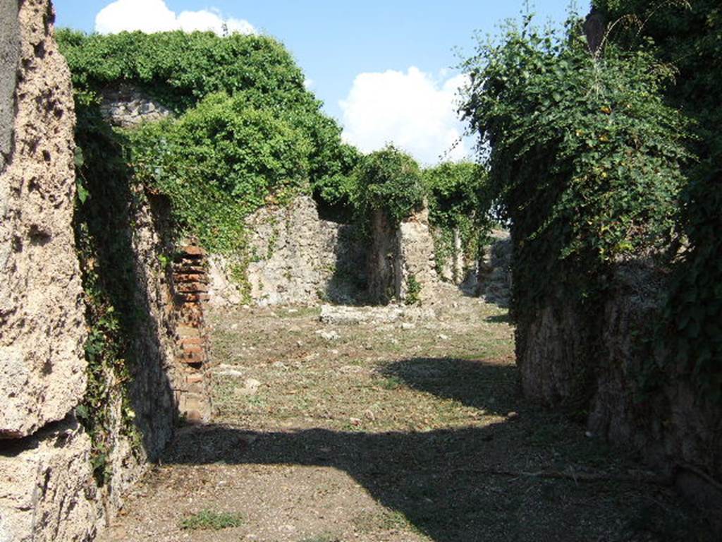 VI.15.20 Pompeii. September 2005. Looking east from entrance across wide vestibule to atrium.
According to NdS, the lower part of the walls of the atrium showed the same high dado, that was partitioned into large panels by white lines.
According to Della Corte, in this rustic house of modest size, lived M. Stlaborius Auctus.
He thought this because of a seal/signet found here -
M. Stla(borius) Auctus  [CIL X 8058, ]
See Della Corte, M., 1965. Case ed Abitanti di Pompei. Napoli: Fausto Fiorentino. (p.61, S.87)
However in 1913, he had written 
�M. Stlaborius Auctus, proprietario probabilmente della casa no.23, Reg.VI. Ins.XV, come sembra provare il sigillo recante il nome di questo Pompeiano e raccolto nella casa indicata� (NdS, 1897, p.323)
�M. Stlaborius Auctus, owner probably of house number 23, Reg.VI, Ins.XV, as it seems proved by the seal/signet showing the name of this Pompeian and found in the house indicated� (See Notizie degli Scavi, 1897, p.323)
See Della Corte, M., 1913, Memorie della Reale Accademia di Archeologia, Lettere e Belle Arti, Vol. II, (p.197)
