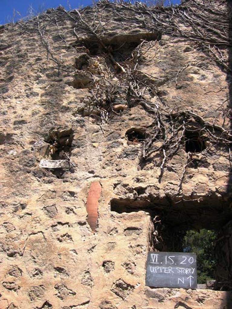 VI.15.20 Pompeii. July 2008. Downpipe visible in wall of upper level. Photo courtesy of Barry Hobson. 
According to Hobson, Reg. VI had two upper storey latrines that still had visible signs of the latrine above the ground floor level, these were in VI.15.20 and VI.15.22. 
See Hobson, B., 2009. Latrinae et foricae: Toilets in the Roman World. London; Duckworth. (p.75)
According to Eschebach, the corridor on the north side of the atrium led to the kitchen and latrine which had a downpipe from the upper floor.
See Eschebach, L., 1993. Geb�udeverzeichnis und Stadtplan der antiken Stadt Pompeji. K�ln: B�hlau. (p.223)
