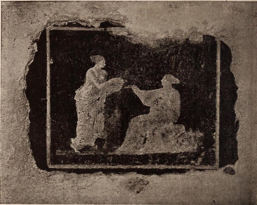 VI.15.23 Pompeii. 1897.
Painting on pilaster of two women, one seated, on east portico between oecus and tablinum/triclinium.
According to Sogliano, the meaning of this painting is not clear.
However, the painting was excellent, especially the figure of the standing young woman, which was delightfully painted.
See Notizie degli Scavi di Antichità, 1897, p. 154, fig. 2.