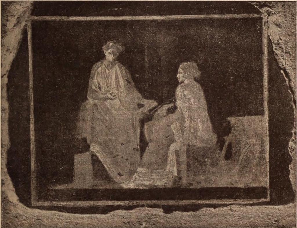 VI.15.23 Pompeii. 1897.
Second painting on pilaster of two figures, one seated, found on wall of east portico between oecus and tablinum/triclinium.
According to Sogliano, the meaning was clear, it was of a poet reading his poetry to a female companion.
The execution of the painting was very fine, it was unfortunate that the conservation was not perfect.
See Notizie degli Scavi di Antichità, 1897, p. 155, fig. 3.