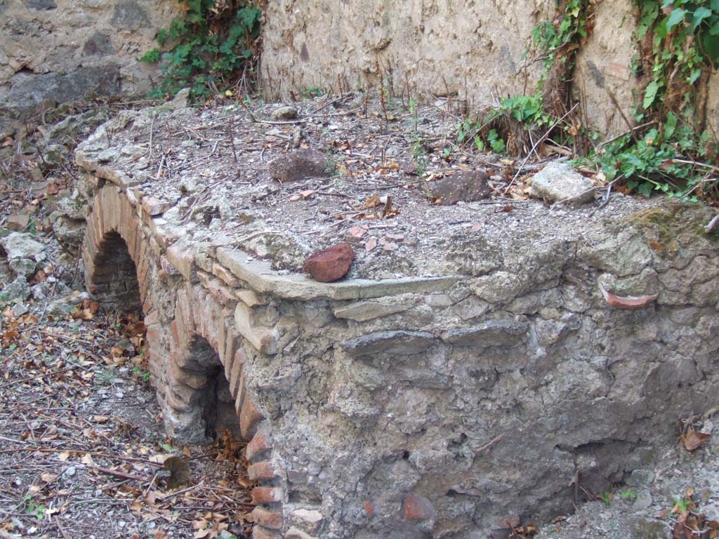 VI.15.23 Pompeii. September 2005. Hearth against west wall of kitchen, looking south.
The latrine would have been in the south-west corner of the kitchen, top-left of photo.