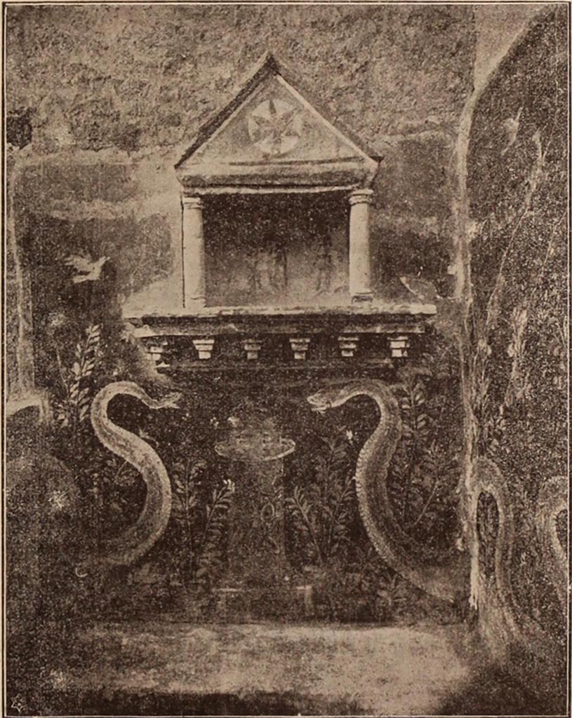 VI.15.23 Pompeii. 1897. Lararium on west wall of kitchen.
See Notizie degli Scavi di Antichità, 1897, p. 39, with photograph, p. 105.