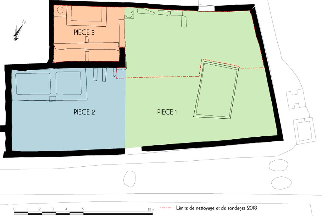 Fig. 1 – Pompéi, VI 16, 3-4. Nomenclature des espaces et limites des opérations de nettoyage et de fouille.
Relevé, dessin : F. Fouriaux/EFR. Licence creative commons, © CC BY-NC-SA.