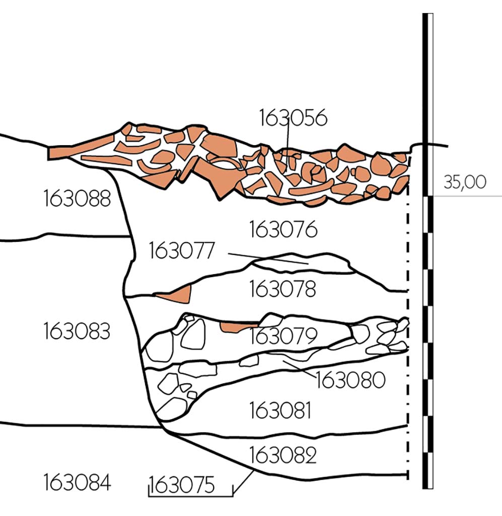 Fig. 5 – Pompéi, VI 16, 3-4. Coupe de la fosse ayant probablement servi de carrière de matériel éruptif anté-plinien après le séisme de 62/63.
Relevé, dessin B. Ephrem/EFR. Licence creative commons, © CC BY-NC-SA.