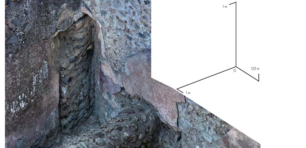 Fig. 7 – Pompéi, VI 16, 3-4, pièce 3. Angle sud-ouest où se situait une porte donnant sur la pièce 2 avant qu’elle ne soit bouchée. Isométrie sur relevé photogrammétrique.
Cl. MIBAC/N. Monteix/EFR. Licence creative commons, © CC BY-NC-SA.