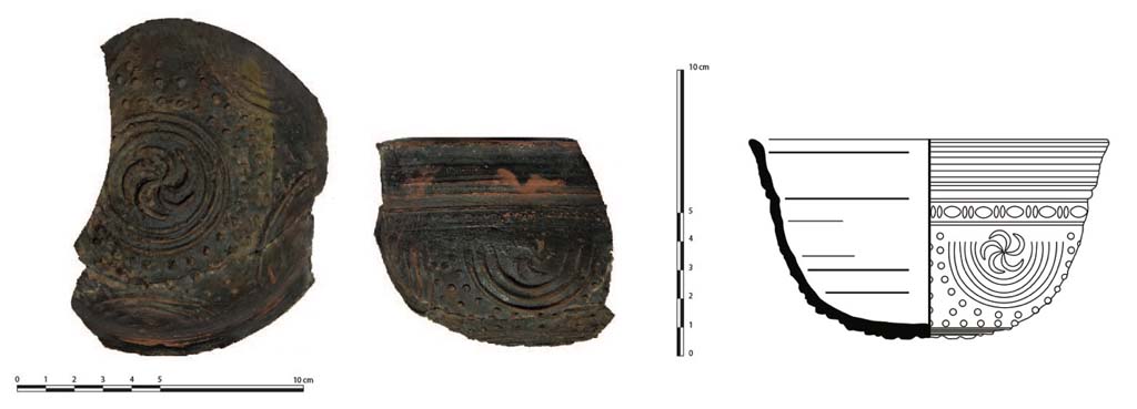 Fig. 22 – Pompéi, VI 16, 6. Bol « mégarien » trouvé dans la fosse « rituelle ». Relevé photogrammétrique.
Cl. MIBAC/N. Monteix/EFR, dessin E. Le Quéré/EFR. Licence creative commons, © CC BY-NC-SA.