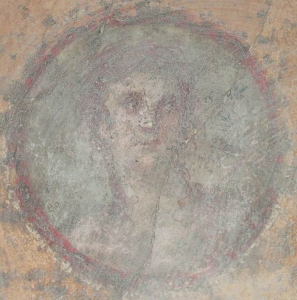 VI.16.7 Pompeii. May 2006. Room R, painted medallion on south end of east wall.