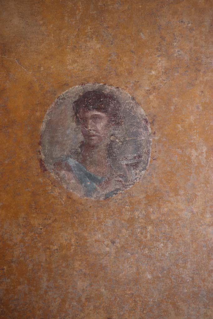 VI.16.7 Pompeii. September 2021.
Room R, painted medallion on south end of the west wall. Photo courtesy of Klaus Heese.