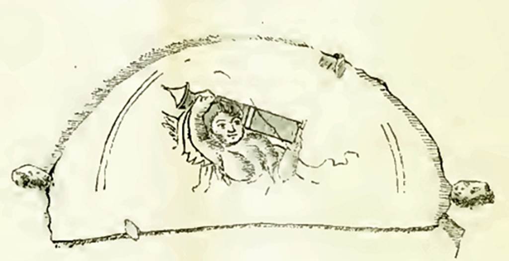 VI.16.7 Pompeii. 1908. Room I, drawing of half medallion found on east wall.
The glass was incised with the figures and attributes of cupids which were then inlaid with gold leaf.
See Notizie degli Scavi di Antichità, 1908, p. 36, fig. 6.