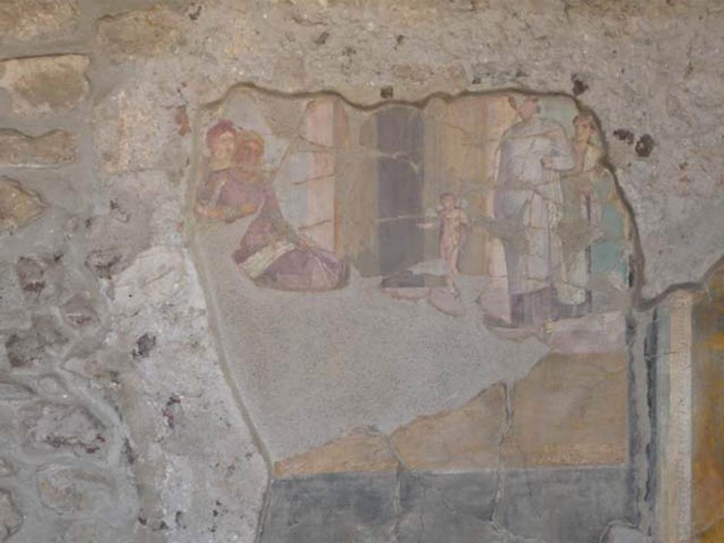 VI.16.7 Pompeii. June 2013.
Room E, remains of wall painting of Paris and Helen at Sparta on west wall of tablinum.
Photo courtesy of Buzz Ferebee.