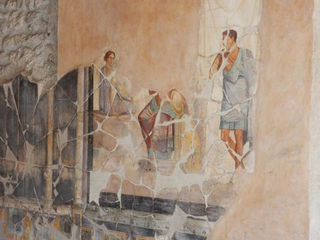 VI.16.7 Pompeii. May 2016. Room G, wall painting of Achilles with Briseis and Patroclus in his tent, from centre of south wall of oecus. Photo courtesy of Buzz Ferebee.