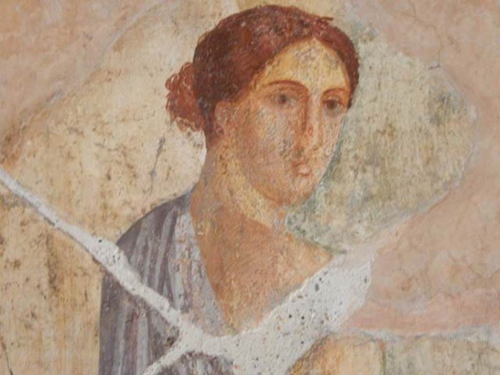 VI.16.7 Pompeii. May 2016. Room G, detail from east side of central wall painting on south wall of oecus. Photo courtesy of Buzz Ferebee.