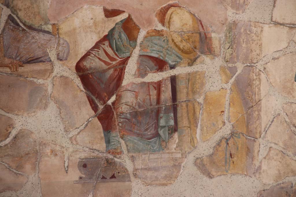 VI.16.7 Pompeii. September 2021.
Room G, detail of Achilles from central wall painting on south wall of oecus. Photo courtesy of Klaus Heese.