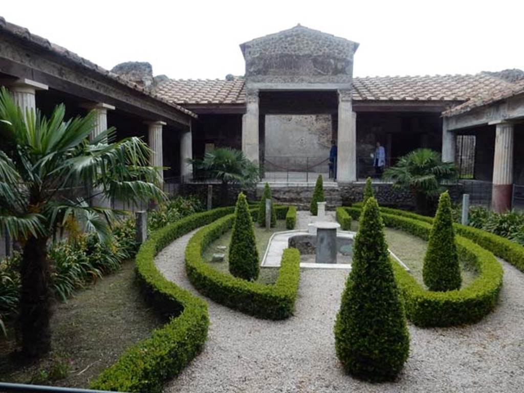 VI.16.7 Pompeii. May 2016. Room F, looking west across peristyle garden, after renovation, from east portico. Photo courtesy of Buzz Ferebee.