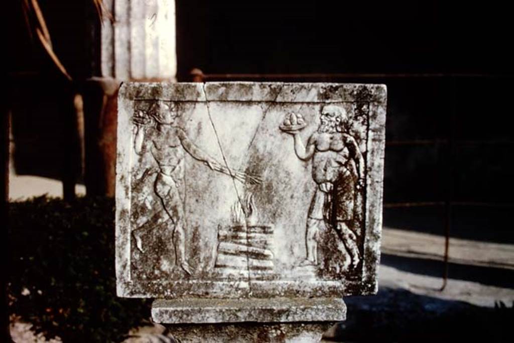 VI.16.7 Pompeii. 1966. Detail of rectangular relief showing a nude satyr and Silenus approaching a burning altar. Photo by Stanley A. Jashemski.
Source: The Wilhelmina and Stanley A. Jashemski archive in the University of Maryland Library, Special Collections (See collection page) and made available under the Creative Commons Attribution-Non-Commercial License v.4. See Licence and use details.
J66f0255